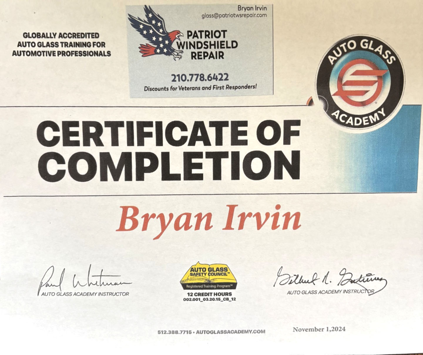 Certificate of Completion for Bryan Irvin from Auto Glass Academy, indicating 12 credit hours earned. Signed by instructors Paul Whiteman and Billuth L. Dathrung. The certificate is valid until November 1, 2024.